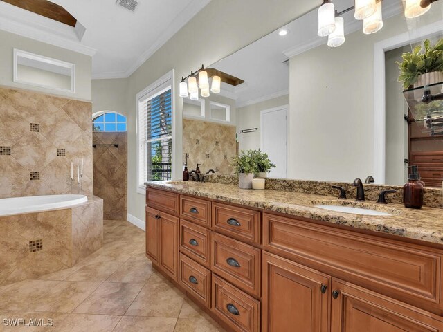 5667 Winkler Rd, Fort Myers, FL 33919 - bathroom with ornamental molding, a walk in shower, tile patterned flooring, double vanity, and tiled tub