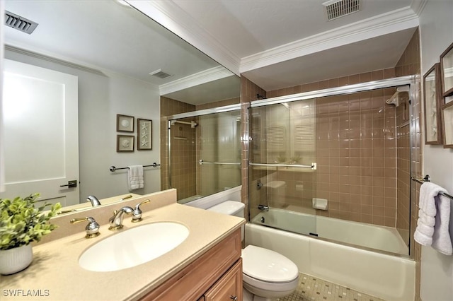 929 Collier Ct Unit B401, Marco Island, FL 34145 - bathroom featuring ornamental molding, toilet, shower / bath combination with glass door, and vanity