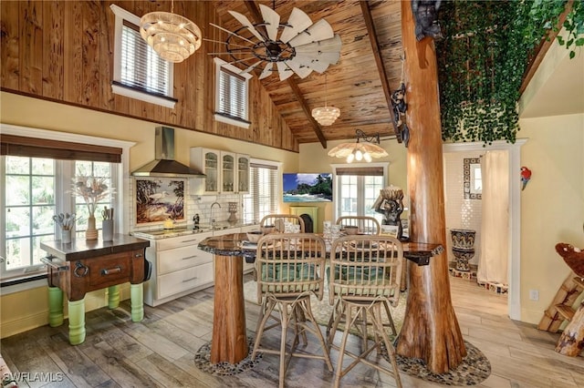 7146 Congdon Rd, Fort Myers, FL 33908 - dining area featuring light wood-type flooring, healthy amount of natural light, wood ceiling, ceiling fan, and high vaulted ceiling