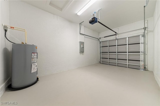 5205/5207 26th St SW, Lehigh Acres, FL 33973 - garage featuring electric water heater, a garage door opener, electric panel, and a textured wall