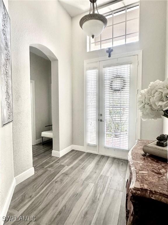 5489 Whispering Willow Way, Fort Myers, FL 33908 - foyer with arched walkways, wood finished floors, baseboards, a textured wall, and a high ceiling