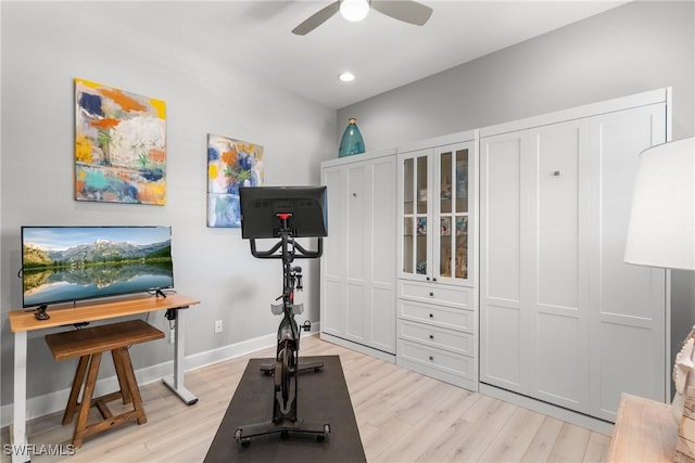 8761 Bellano Ct Unit 202, Naples, FL 34119 - workout room featuring light wood-style floors, a ceiling fan, baseboards, and recessed lighting