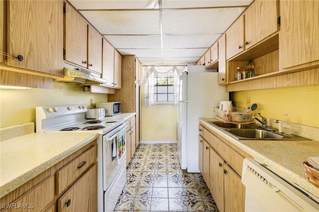 4900 Biscayne Dr Unit 14, Naples, FL 34112 - kitchen with white appliances, under cabinet range hood, a sink, light countertops, and open shelves