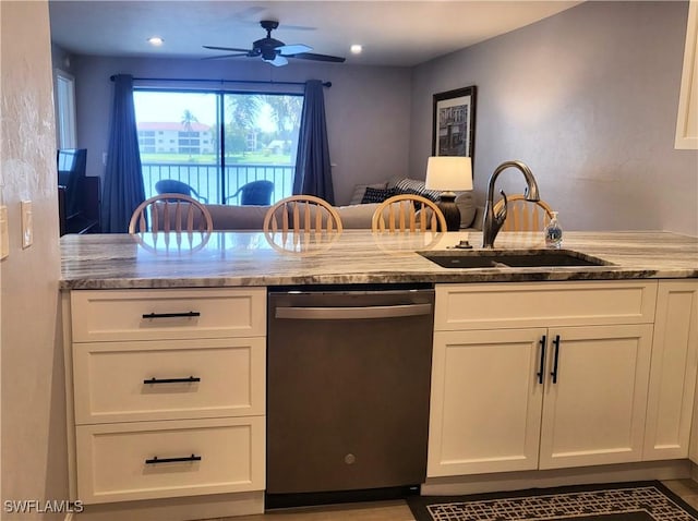 11460 Caravel Cir Unit 5016, Fort Myers, FL 33908 - kitchen with dishwasher, a sink, light stone countertops, ceiling fan, and recessed lighting