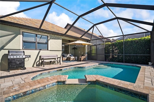 20245 Corkscrew Shores Blvd, Estero, FL 33928 - view of swimming pool with area for grilling, a patio, a pool with connected hot tub, and a ceiling fan