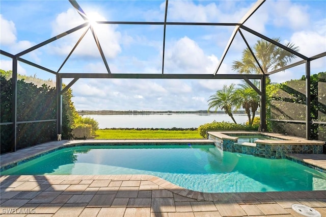 20245 Corkscrew Shores Blvd, Estero, FL 33928 - view of pool with a water view, a lanai, and a pool with connected hot tub