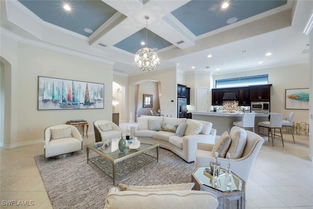 6419 Vivaldi Ct, Naples, FL 34113 - living area featuring arched walkways, light tile patterned flooring, crown molding, recessed lighting, and coffered ceiling