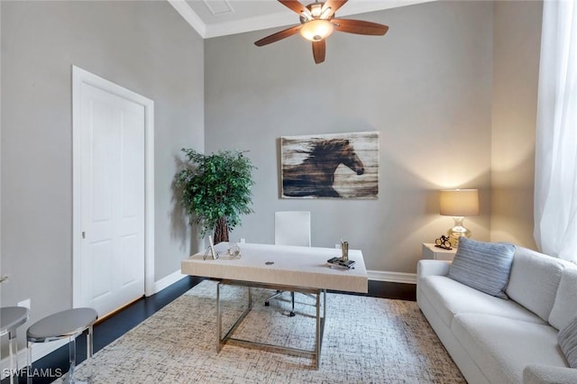 6419 Vivaldi Ct, Naples, FL 34113 - office featuring baseboards, wood finished floors, and a ceiling fan
