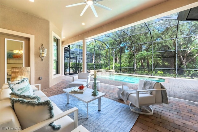 6419 Vivaldi Ct, Naples, FL 34113 - view of patio featuring a pool with connected hot tub, an outdoor hangout area, ceiling fan, and a lanai
