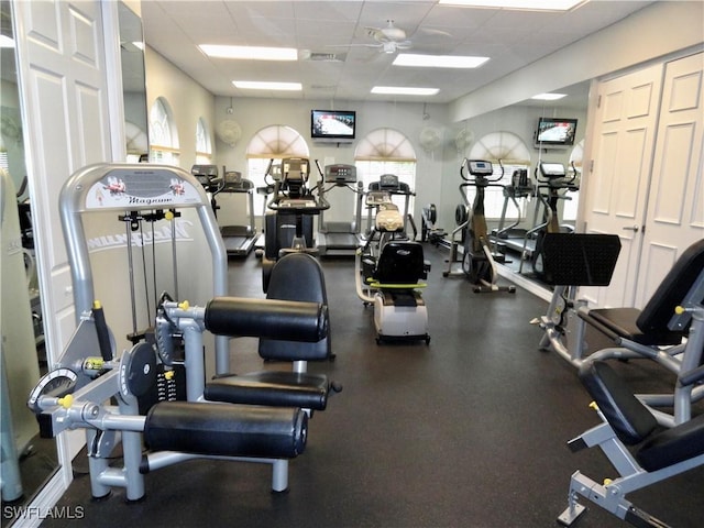 28171 L Burton Fletcher Ct, Bonita Springs, FL 34135 - gym with a drop ceiling and a ceiling fan