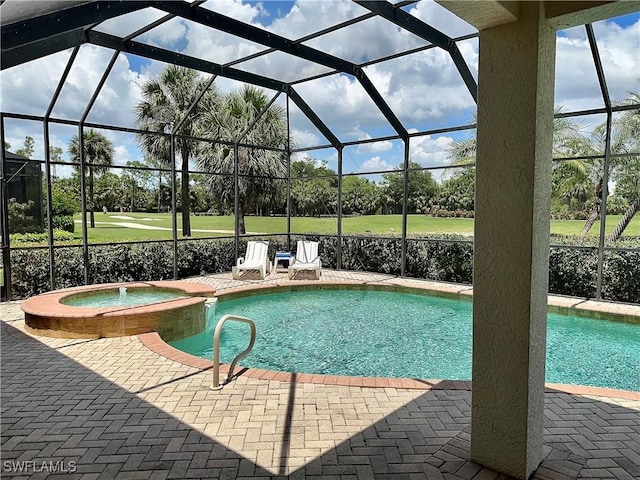 28171 L Burton Fletcher Ct, Bonita Springs, FL 34135 - view of swimming pool with view of golf course, a patio area, glass enclosure, and view of wooded area