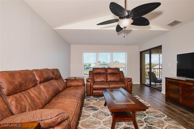 1124 SW 48th Ter Unit 208, Cape Coral, FL 33914 - living area featuring wood finished floors, vaulted ceiling, and a ceiling fan