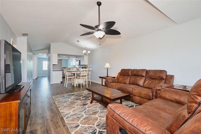 1124 SW 48th Ter Unit 208, Cape Coral, FL 33914 - living area featuring a ceiling fan, dark wood-type flooring, lofted ceiling, and baseboards