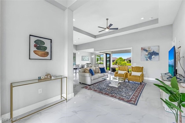 1409 SW 24th St, Cape Coral, FL 33991 - living area featuring a ceiling fan, marble tiled floors, baseboards, and recessed lighting