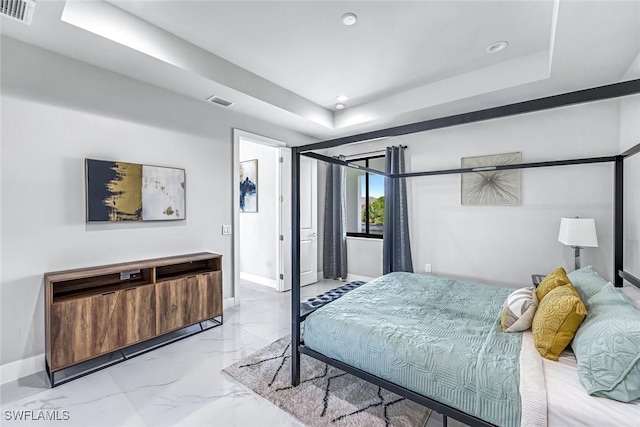 1409 SW 24th St, Cape Coral, FL 33991 - bedroom featuring baseboards, a tray ceiling, marble finish flooring, and recessed lighting