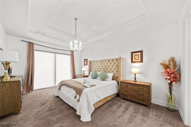 3410 NW 17th Ln, Cape Coral, FL 33993 - bedroom with a tray ceiling, carpet floors, a chandelier, and baseboards