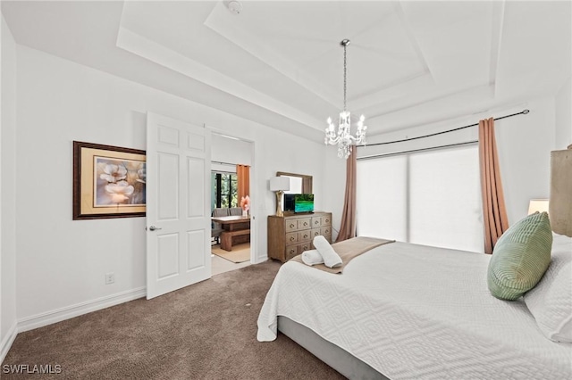 3410 NW 17th Ln, Cape Coral, FL 33993 - carpeted bedroom with a tray ceiling, baseboards, and a chandelier