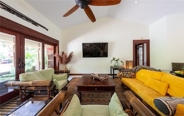 2535 River Reach Dr, Naples, FL 34104 - living room featuring vaulted ceiling, french doors, ceiling fan, and baseboards
