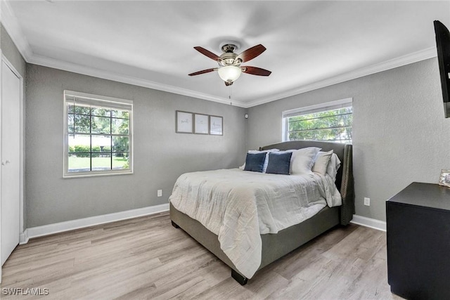 7709 1st Ter, Lake Worth, FL 33463 - bedroom with multiple windows, light wood finished floors, crown molding, ceiling fan, and baseboards
