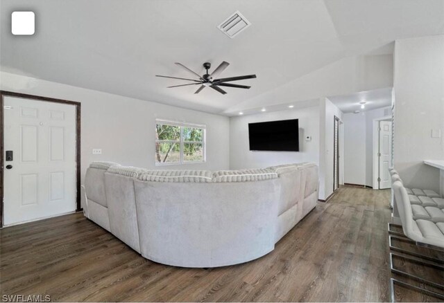 5005 Squaw Ln, Labelle, FL 33935 - living area with wood finished floors, ceiling fan, and lofted ceiling