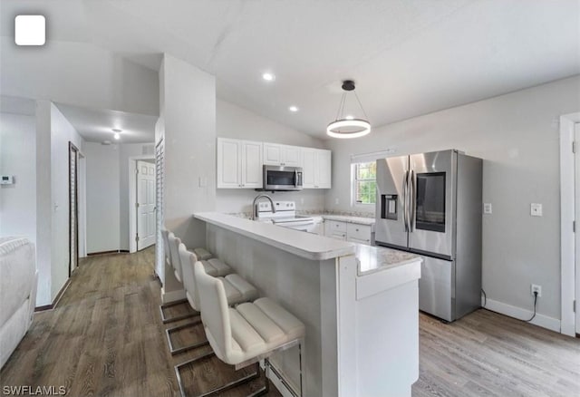 5005 Squaw Ln, Labelle, FL 33935 - kitchen featuring appliances with stainless steel finishes, a peninsula, light countertops, wood finished floors, and vaulted ceiling