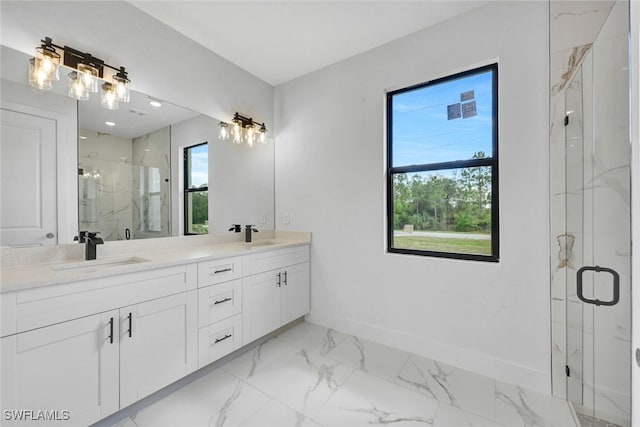3159 Sunshine Blvd, Lehigh Acres, FL 33971 - full bathroom featuring baseboards, a marble finish shower, double vanity, and marble look tile flooring