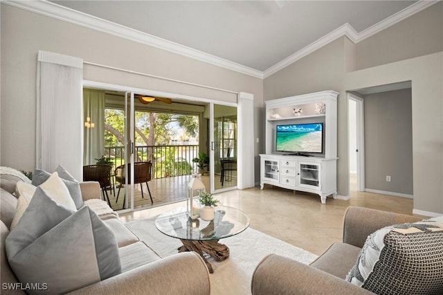 1771 Bermuda Greens Blvd Unit O4, Naples, FL 34110 - living area featuring crown molding, light tile patterned floors, baseboards, and vaulted ceiling
