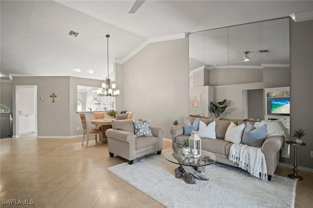 1771 Bermuda Greens Blvd Unit O4, Naples, FL 34110 - living area featuring ceiling fan, ornamental molding, vaulted ceiling, baseboards, and a chandelier