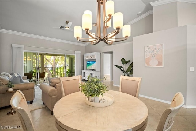 1771 Bermuda Greens Blvd Unit O4, Naples, FL 34110 - dining area featuring a chandelier, light tile patterned floors, crown molding, a towering ceiling, and baseboards