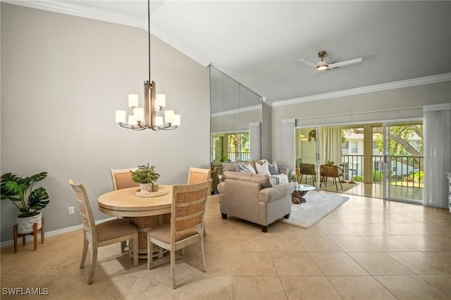 1771 Bermuda Greens Blvd Unit O4, Naples, FL 34110 - dining room featuring a chandelier, healthy amount of natural light, crown molding, light tile patterned floors, and vaulted ceiling