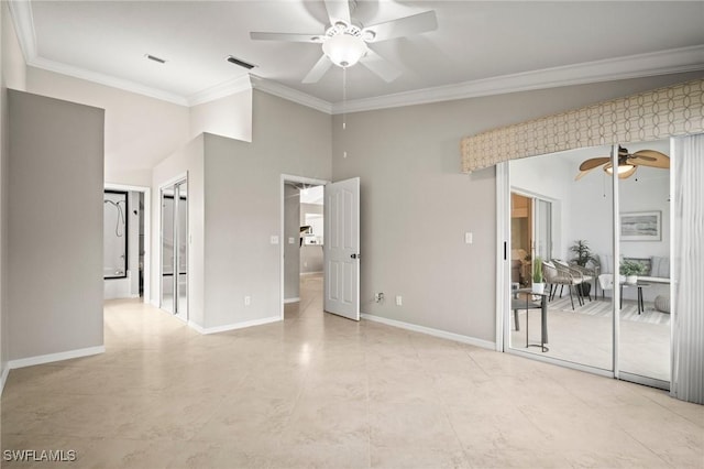 1771 Bermuda Greens Blvd Unit O4, Naples, FL 34110 - unfurnished bedroom with ornamental molding, baseboards, a ceiling fan, access to exterior, and light tile patterned floors