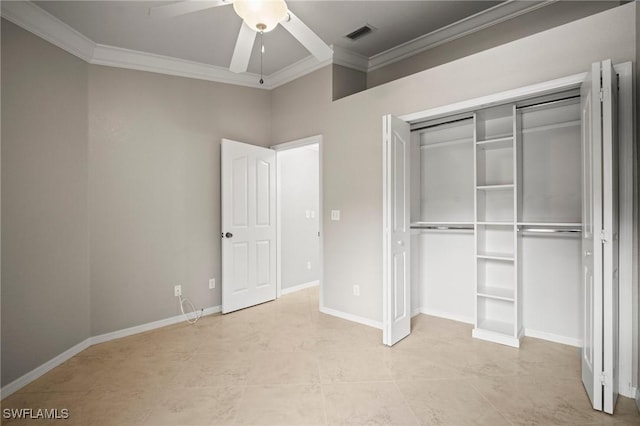 1771 Bermuda Greens Blvd Unit O4, Naples, FL 34110 - unfurnished bedroom featuring crown molding, a closet, ceiling fan, and baseboards