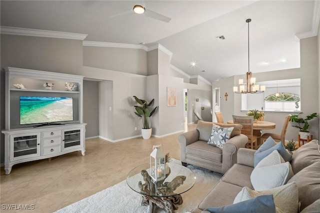 1771 Bermuda Greens Blvd Unit O4, Naples, FL 34110 - living area with a chandelier, ornamental molding, baseboards, light tile patterned floors, and a ceiling fan