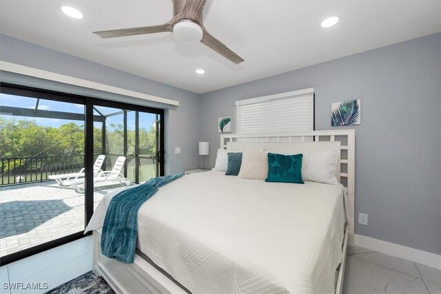 52 Fairview Blvd, Fort Myers Beach, FL 33931 - bedroom featuring access to outside, baseboards, recessed lighting, ceiling fan, and light marble finish flooring
