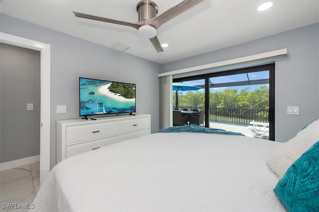52 Fairview Blvd, Fort Myers Beach, FL 33931 - bedroom with light marble finish floors, access to exterior, recessed lighting, baseboards, and ceiling fan