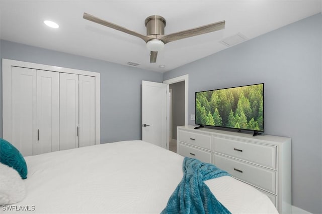 52 Fairview Blvd, Fort Myers Beach, FL 33931 - bedroom with ceiling fan, a closet, and recessed lighting