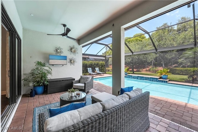 23778 Pebble Pointe Ln, Estero, FL 34135 - outdoor pool featuring an outdoor hangout area, a patio area, a ceiling fan, and a lanai