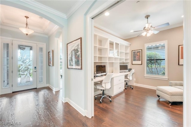 23778 Pebble Pointe Ln, Estero, FL 34135 - entryway with dark wood-type flooring, ceiling fan, ornamental molding, baseboards, and arched walkways