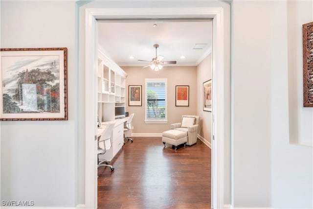 23778 Pebble Pointe Ln, Estero, FL 34135 - living area with a ceiling fan, dark wood-style floors, crown molding, baseboards, and recessed lighting