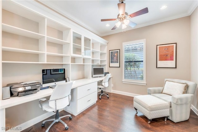 23778 Pebble Pointe Ln, Estero, FL 34135 - office area featuring crown molding, dark wood-style flooring, built in study area, baseboards, and a ceiling fan