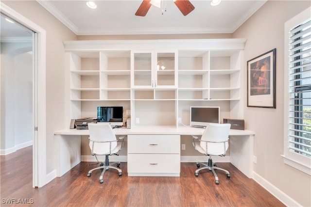 23778 Pebble Pointe Ln, Estero, FL 34135 - unfurnished office featuring built in desk, wood finished floors, ceiling fan, ornamental molding, and baseboards