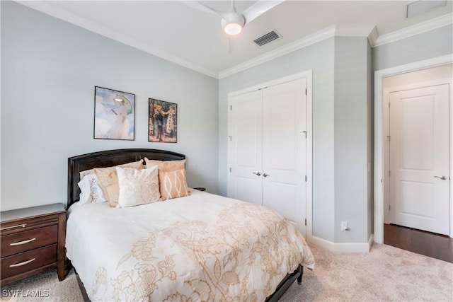23778 Pebble Pointe Ln, Estero, FL 34135 - bedroom featuring a closet, ornamental molding, carpet, baseboards, and ceiling fan