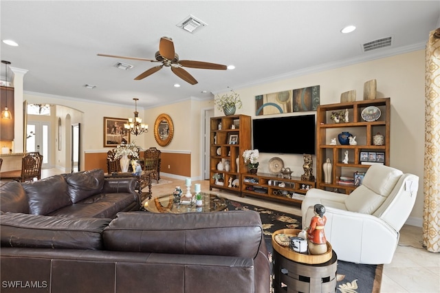 11107 Sparkleberry Dr, Fort Myers, FL 33913 - living room featuring a ceiling fan, a chandelier, recessed lighting, arched walkways, and crown molding