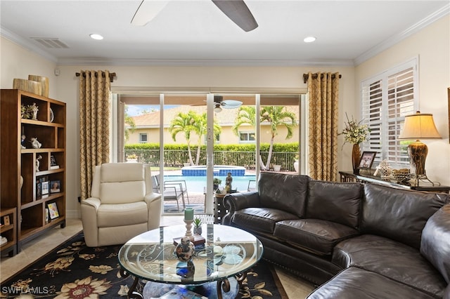 11107 Sparkleberry Dr, Fort Myers, FL 33913 - living room featuring a ceiling fan, ornamental molding, and plenty of natural light