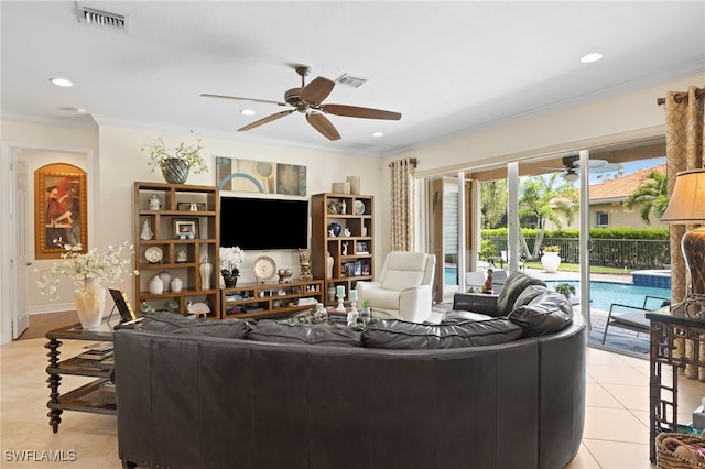 11107 Sparkleberry Dr, Fort Myers, FL 33913 - living area featuring ceiling fan, crown molding, light tile patterned floors, and recessed lighting