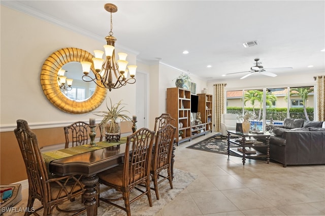 11107 Sparkleberry Dr, Fort Myers, FL 33913 - dining room with ornamental molding, a chandelier, light tile patterned flooring, recessed lighting, and a ceiling fan