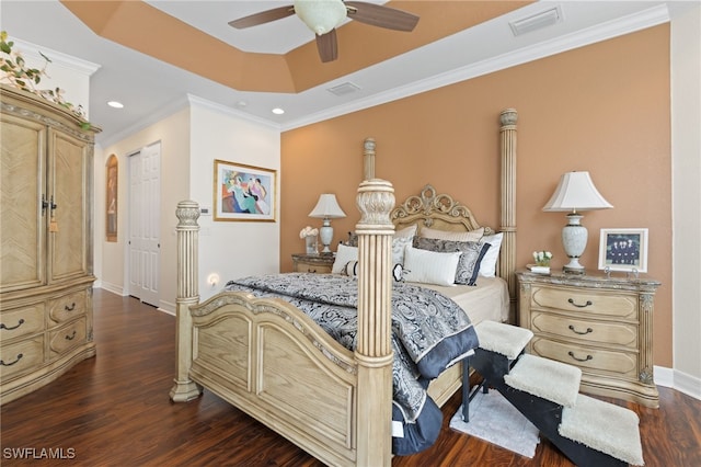 11107 Sparkleberry Dr, Fort Myers, FL 33913 - bedroom with dark wood-style floors, crown molding, recessed lighting, baseboards, and ceiling fan