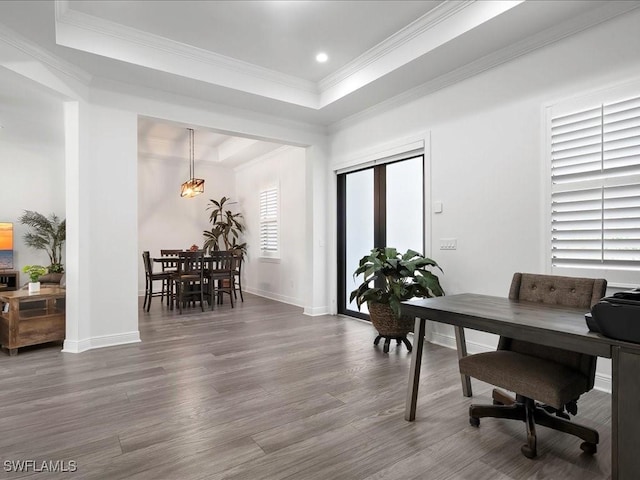 836 14th St SE, Naples, FL 34117 - office area with wood finished floors, a tray ceiling, ornamental molding, and baseboards
