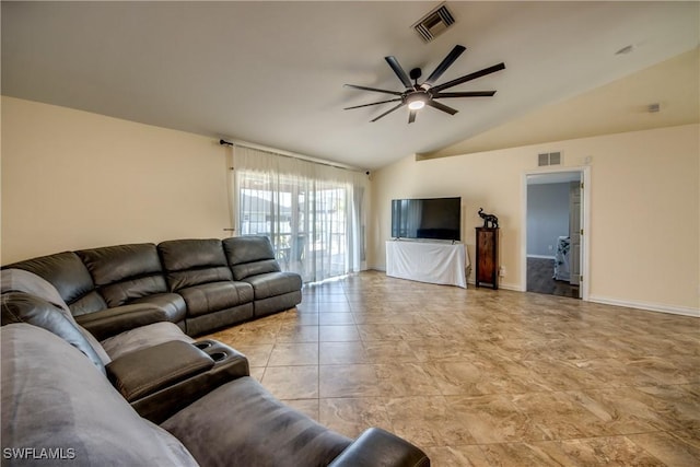 1812 SW 10th Ter, Cape Coral, FL 33991 - living room featuring a ceiling fan, lofted ceiling, and baseboards