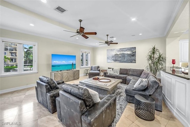 175 Topanga Dr, Bonita Springs, FL 34134 - living room with healthy amount of natural light, ceiling fan, recessed lighting, light tile patterned floors, and baseboards